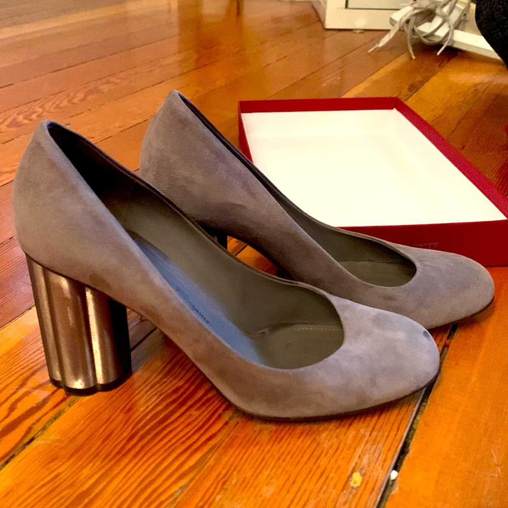 Grey suede Salvatore Ferragamo pumps with metal stacked heel size 7.5